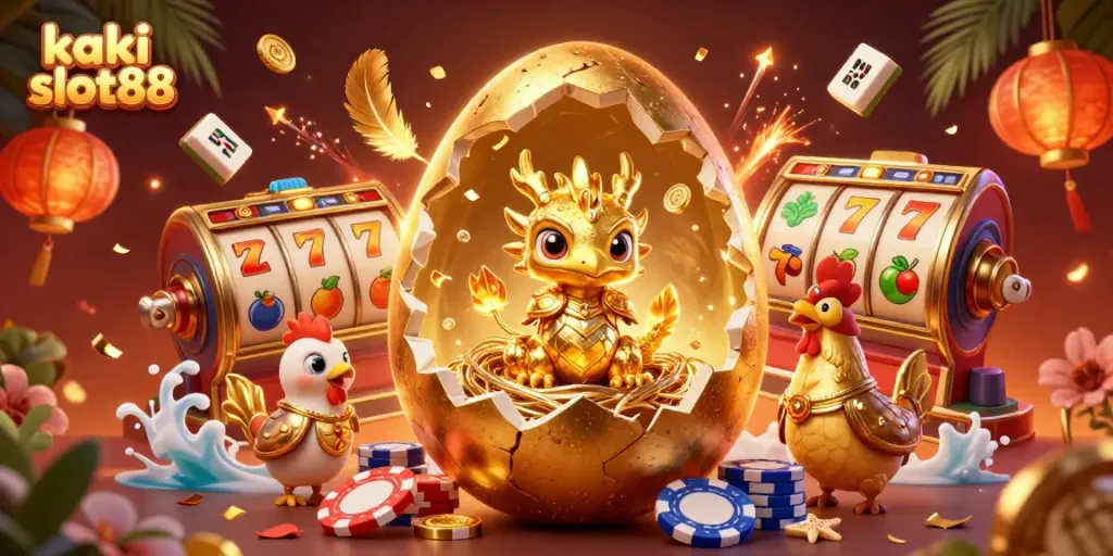 Gabung permainan seru di kaki slot88 dengan naga emas yang muncul dari telur sambil dikelilingi simbol slot.