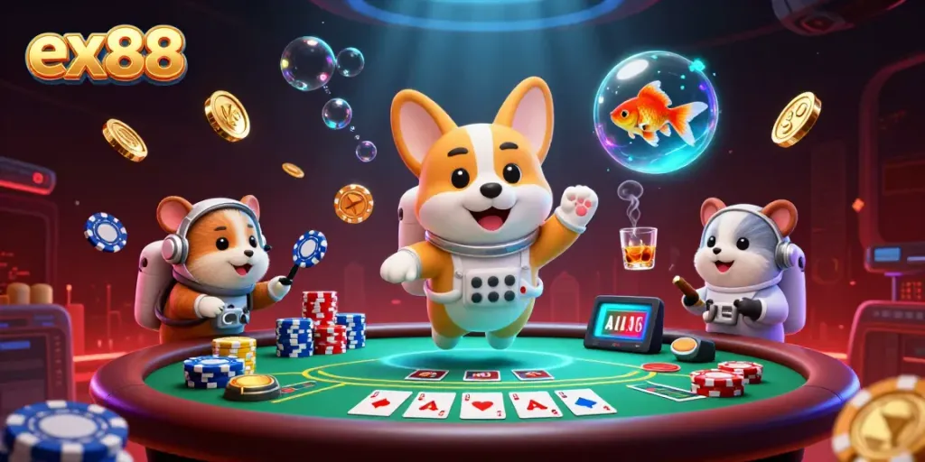 Engaging ex88 gaming scene with a cartoon astronaut corgi, hamster, and fish in a vibrant casino