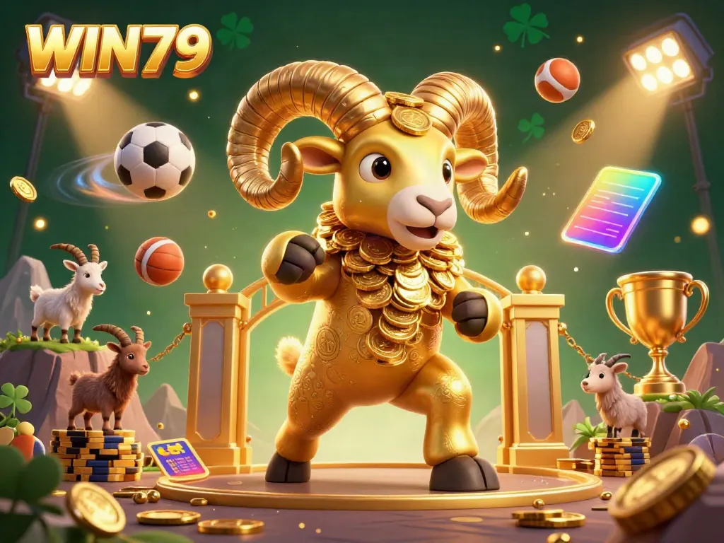 Experience thrilling WIN79 gaming with golden ram, sports elements, and vibrant energy.