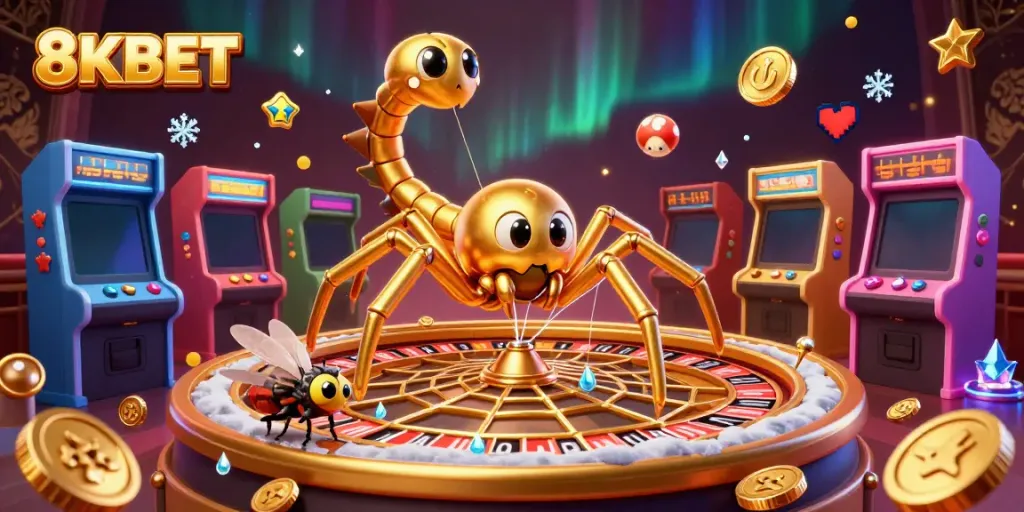 Engage in thrilling bets at 8KBET with a spider weaving fortune in a vibrant casino scene.