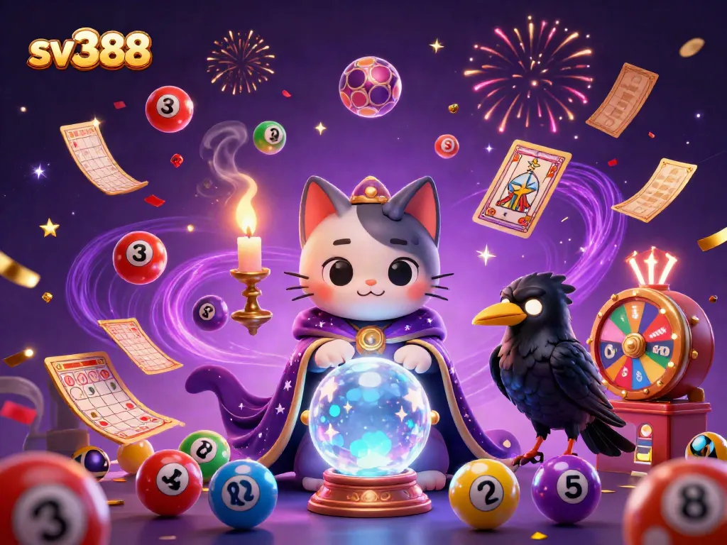 Engage with sv388's mystical world of fortune and gaming, featuring an enchanting cat and a raven amidst a flurry of exciting lottery elements.