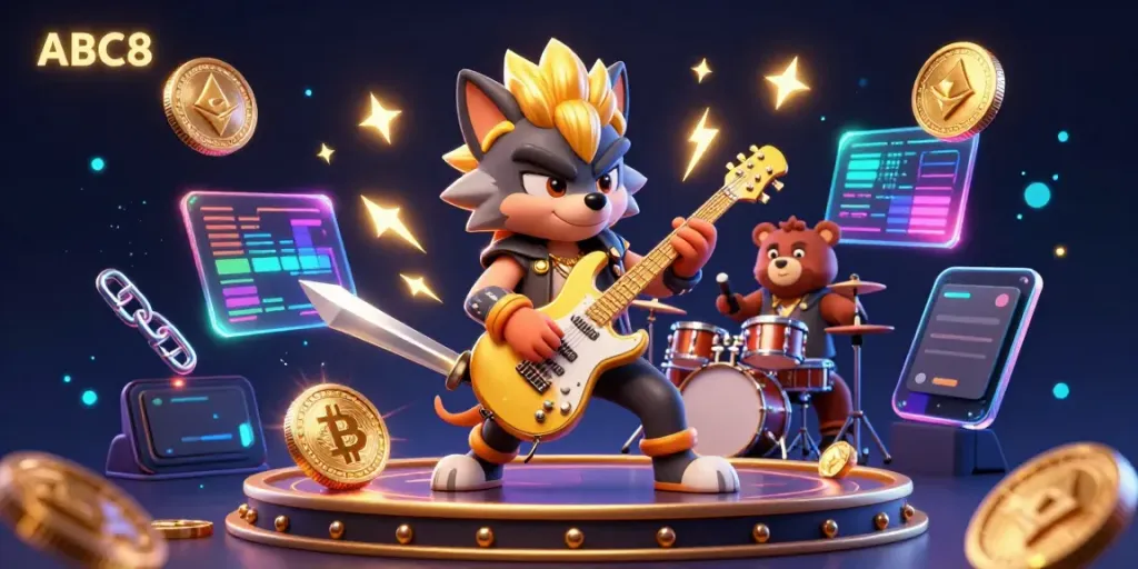 Engage in exciting action at ABC8, featuring a rock star wolf and a drummer bear in a vibrant casino atmosphere.
