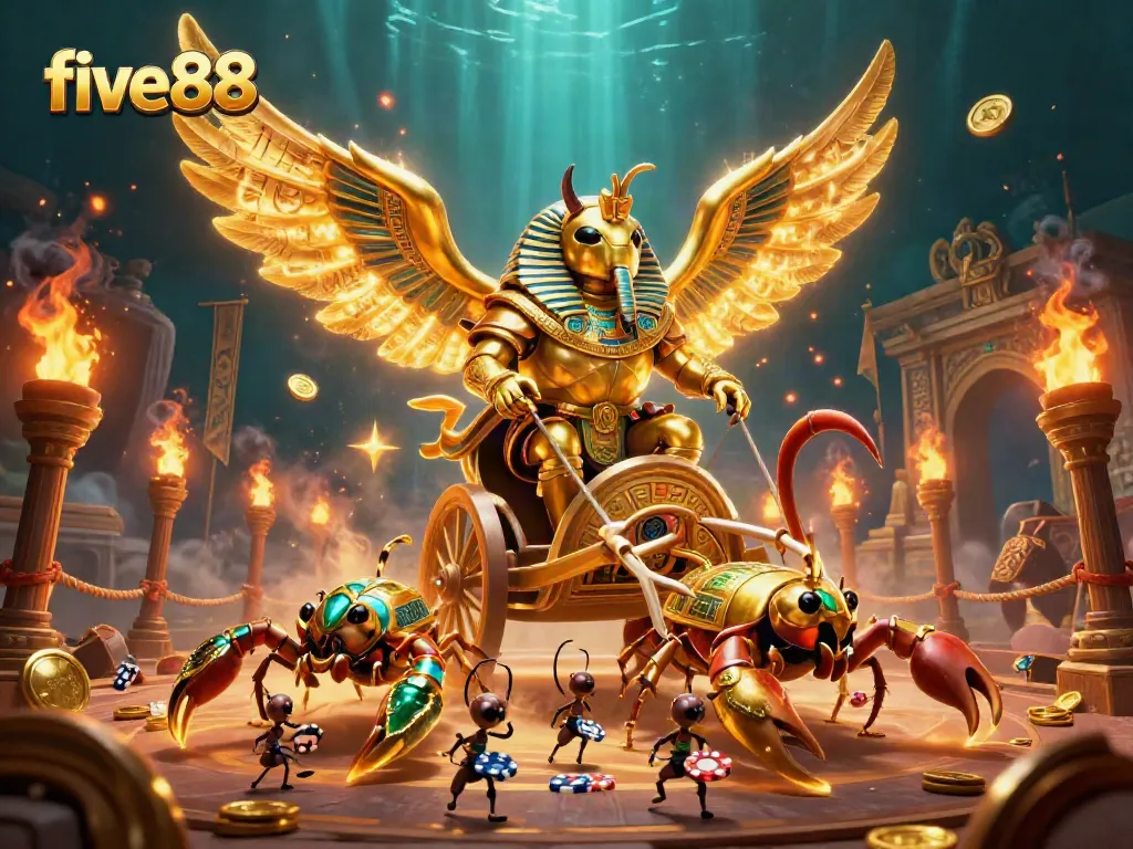 Engage with thrilling five88 casino action featuring a golden scarab beetle and scorpions offering a rich betting environment.