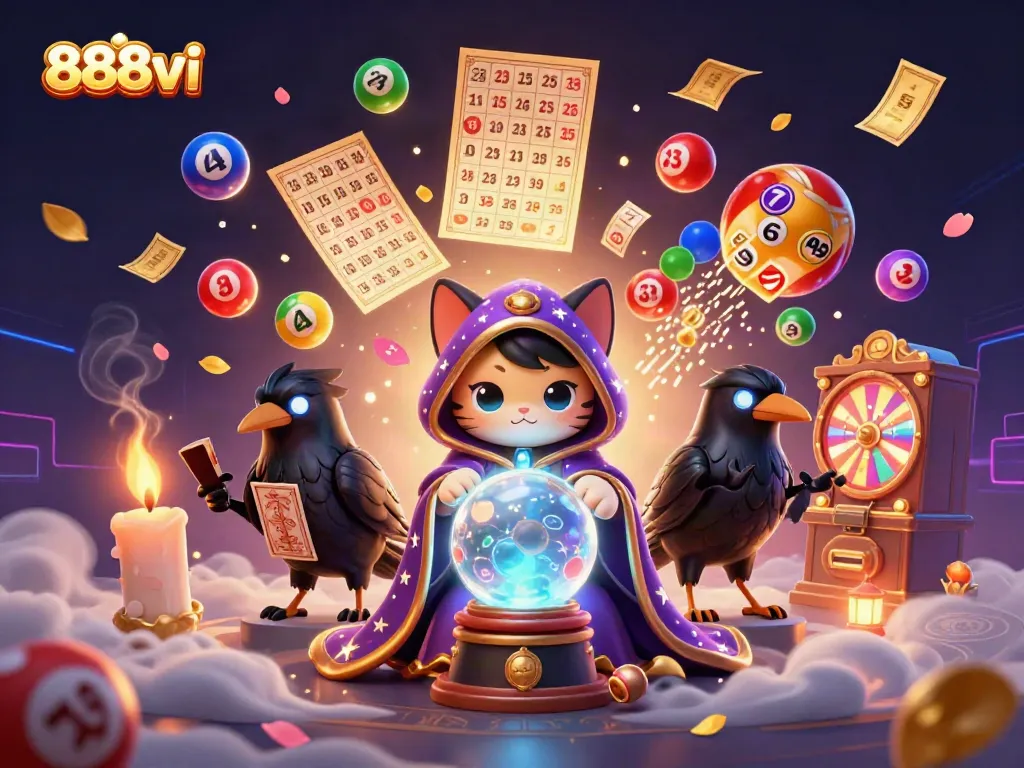 Engage with 888vi's vibrant casino universe, featuring a mystical cat and raven amid dynamic lottery elements.