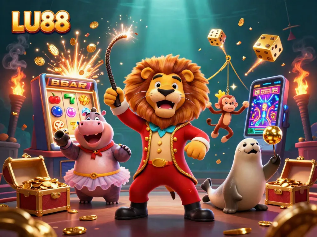 Experience thrilling action with LU88 as a whimsical circus scene unfolds in a vibrant casino atmosphere.
