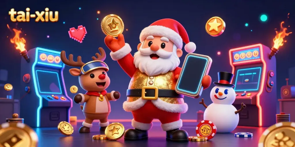 Experience the thrill of tai-xiu with a festive 3D casino scene featuring engaging characters and vibrant game elements.