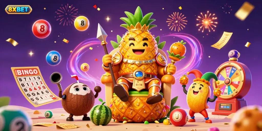 Experience the thrill of 8XBET with a vibrant 3D casino scene featuring unique characters and colorful lottery elements.