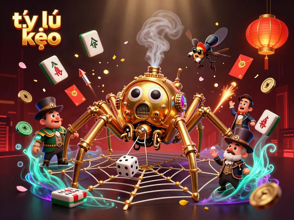 Experience the thrilling experience of tỷ lệ kèo while witnessing a steampunk spider and amusing Victorian gentleman in a dynamic, rich scene enhancing your betting adventure.