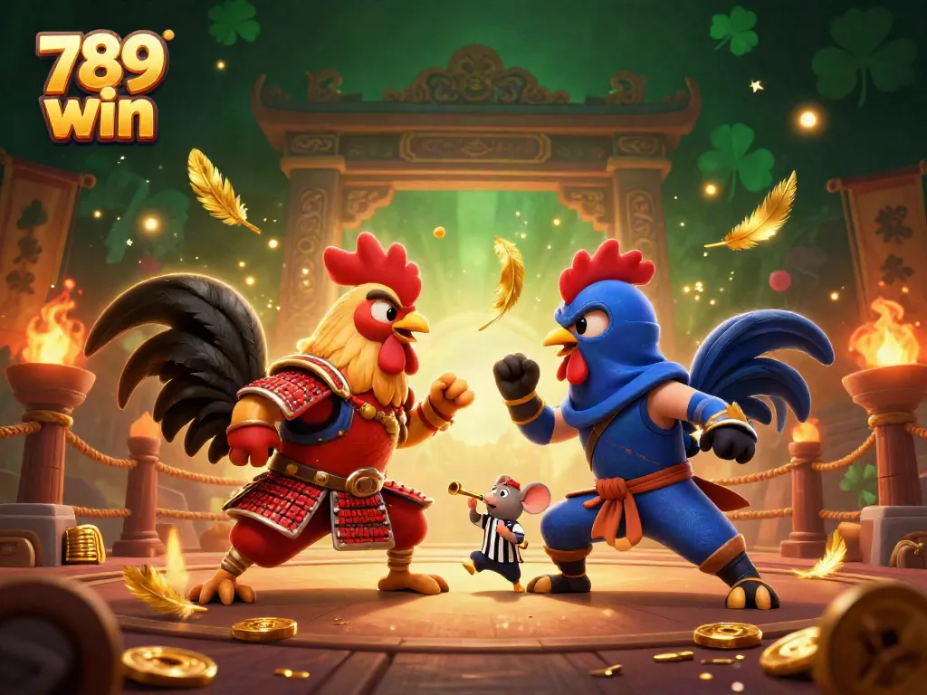 Engage in thrilling battles with 789 win's roosters in a captivating 3D casino illustration.