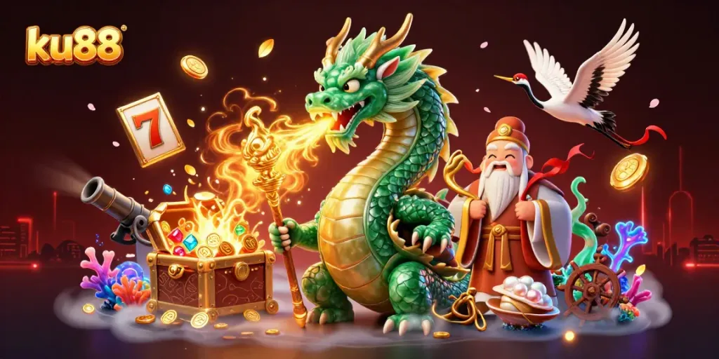 Experience the excitement of ku88 with a vibrant scene featuring a jade dragon, turtle sage, and lucky cranes amidst casino symbols.
