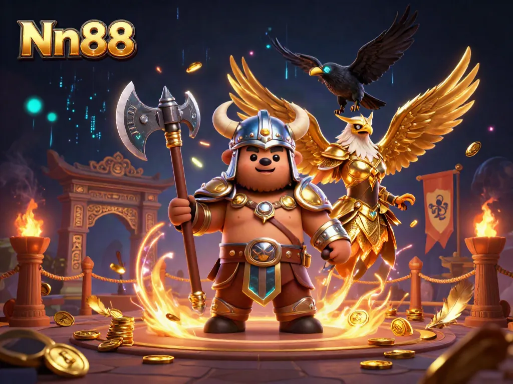 Engage with the thrilling Nn88 gaming experience featuring dynamic elements of a Viking bear and eagle.