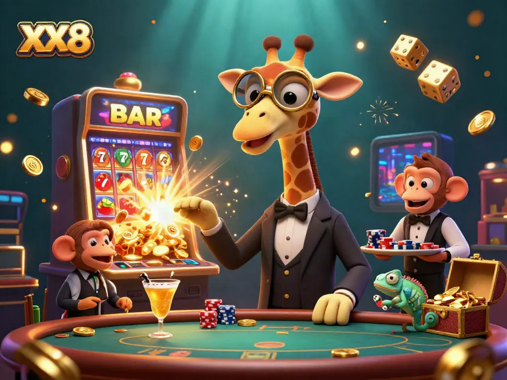 Engage with the thrilling XX8 casino experience featuring a whimsical giraffe, monkey, and chameleon in a vibrant gaming scene.