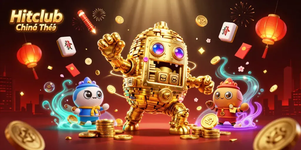 Experience the vibrant excitement of Hitclub Chính Thức with a 3D golden golem and dynamic casino elements.