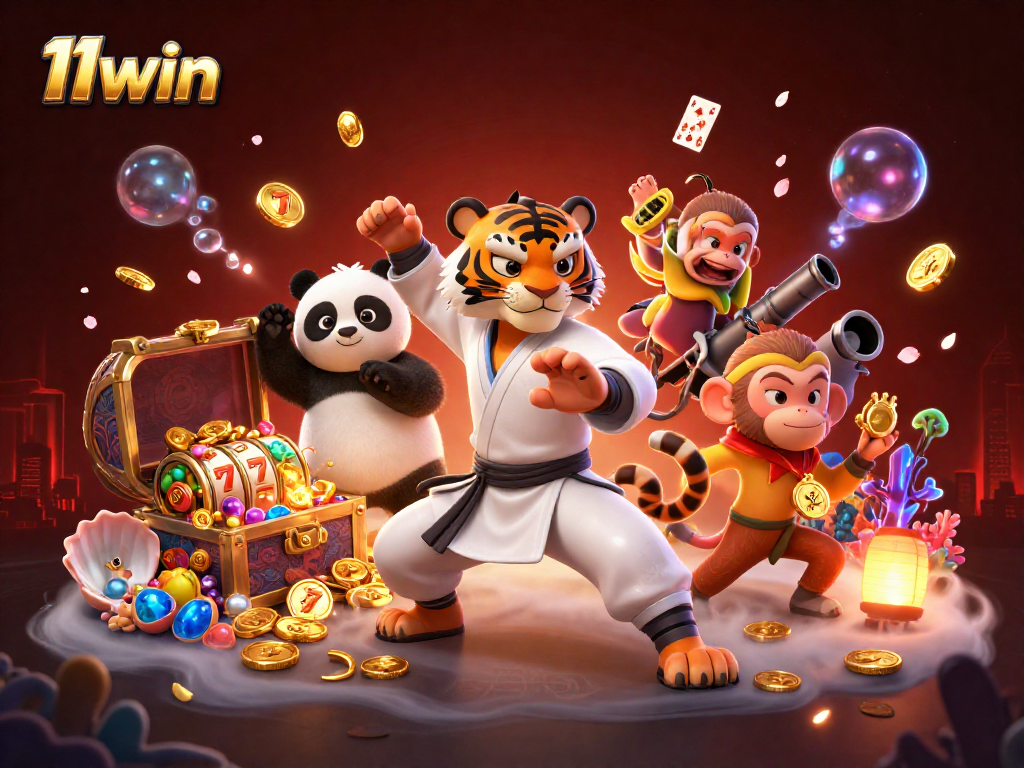 Experience thrilling gaming action with 11win as kung fu characters navigate a vibrant casino scene.