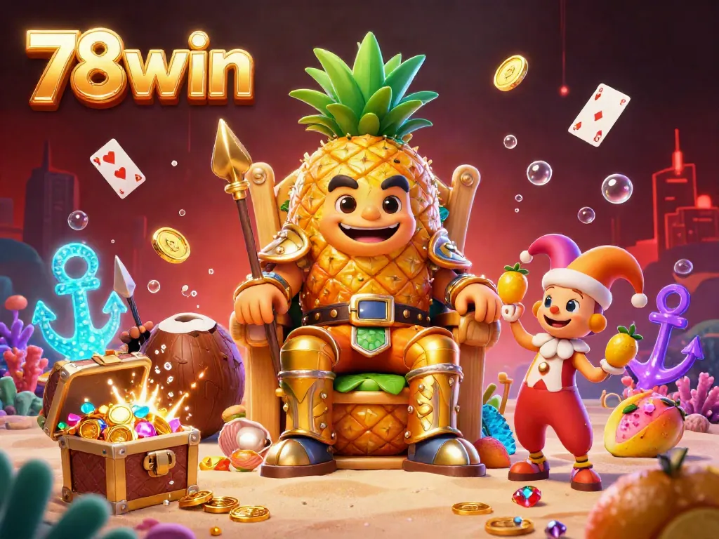 Experience exhilarating gameplay with 78win's vibrant beach casino, showcasing the golden pineapple king and treasures.