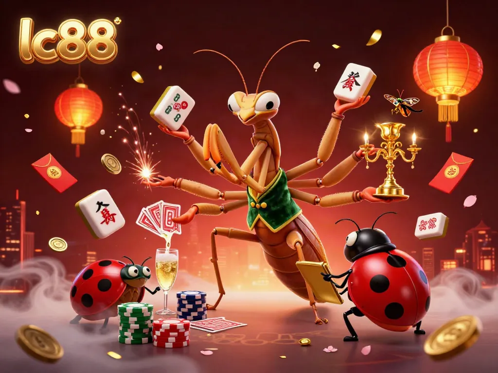 Engaging scene of lc88 gambling with a giant mantis card sharp and ladybug pit boss surrounded by vibrant casino elements.
