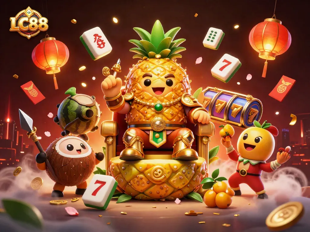 Experience the excitement of LC88 as the golden pineapple king presides over a vibrant casino scene filled with treasures.