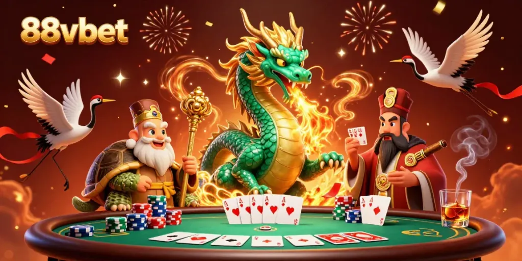 Engage with the thrill of 88vbet casino, showcasing a jade dragon and lively gaming elements.