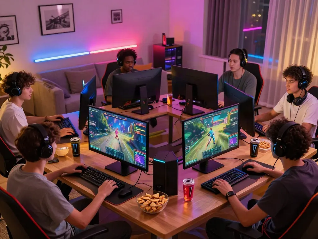 Exciting gaming scene showcasing players immersed in gameplay at https://hitclubt3.com/ with colorful LED lights and snacks.
