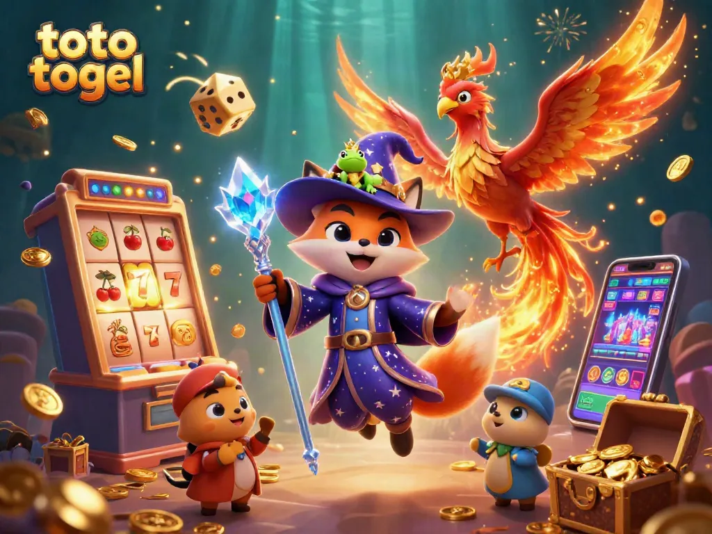 Experience excitement with toto togel as a magical wizard fox and phoenix soar through a vibrant casino world.