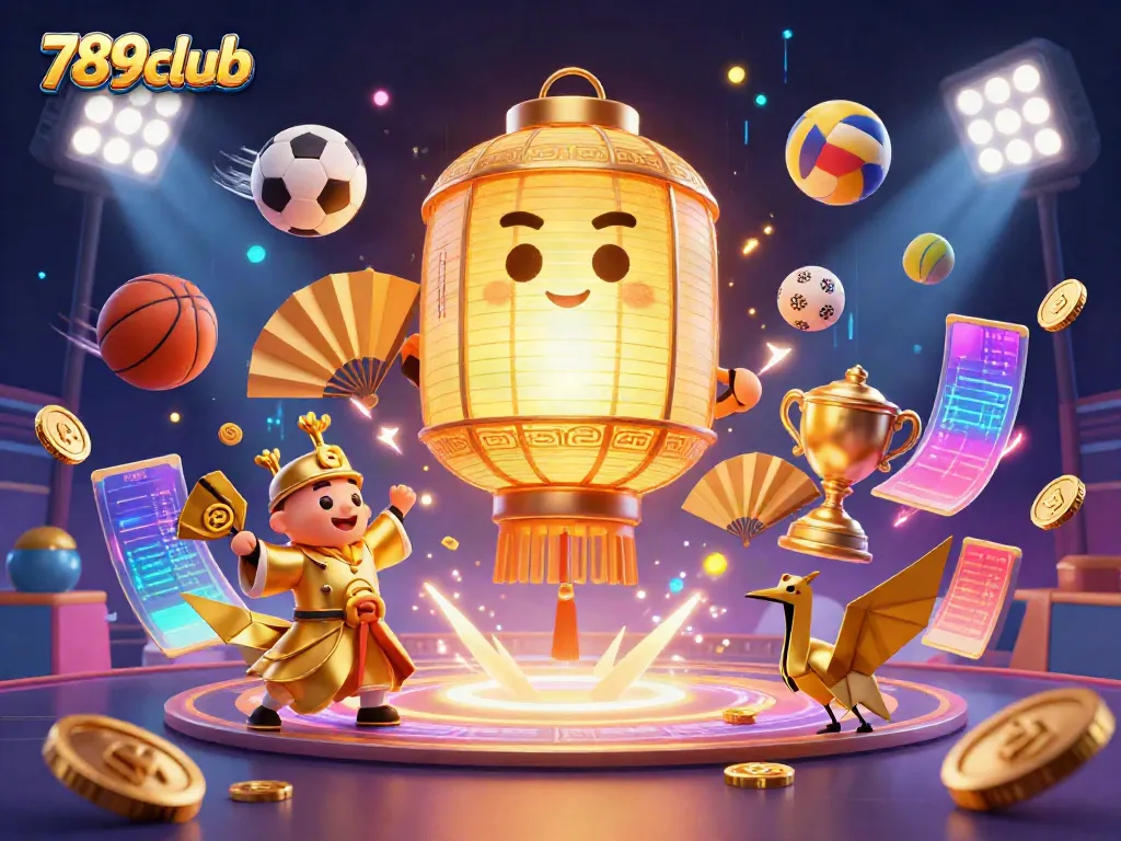 Experience the vibrant action at 789club with a glowing golden lantern spirit amidst exciting casino elements.