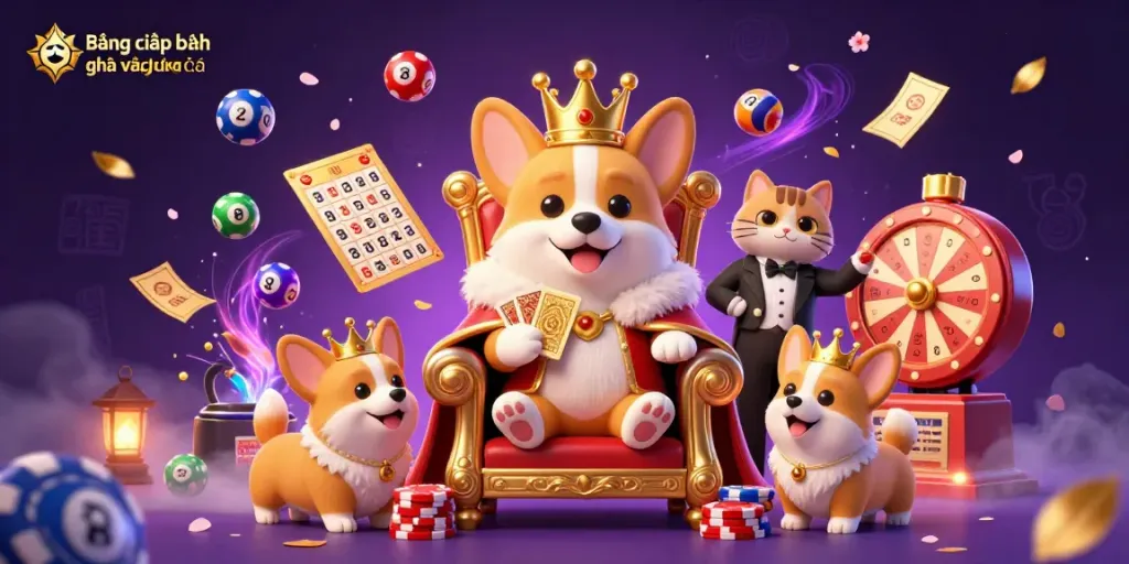 Bảng xếp hạng gà vàng tv bóng đá showcases an ultra-detailed 3D digital illustration of a royal corgi on a poker chip throne, enhancing the sports betting vibe.