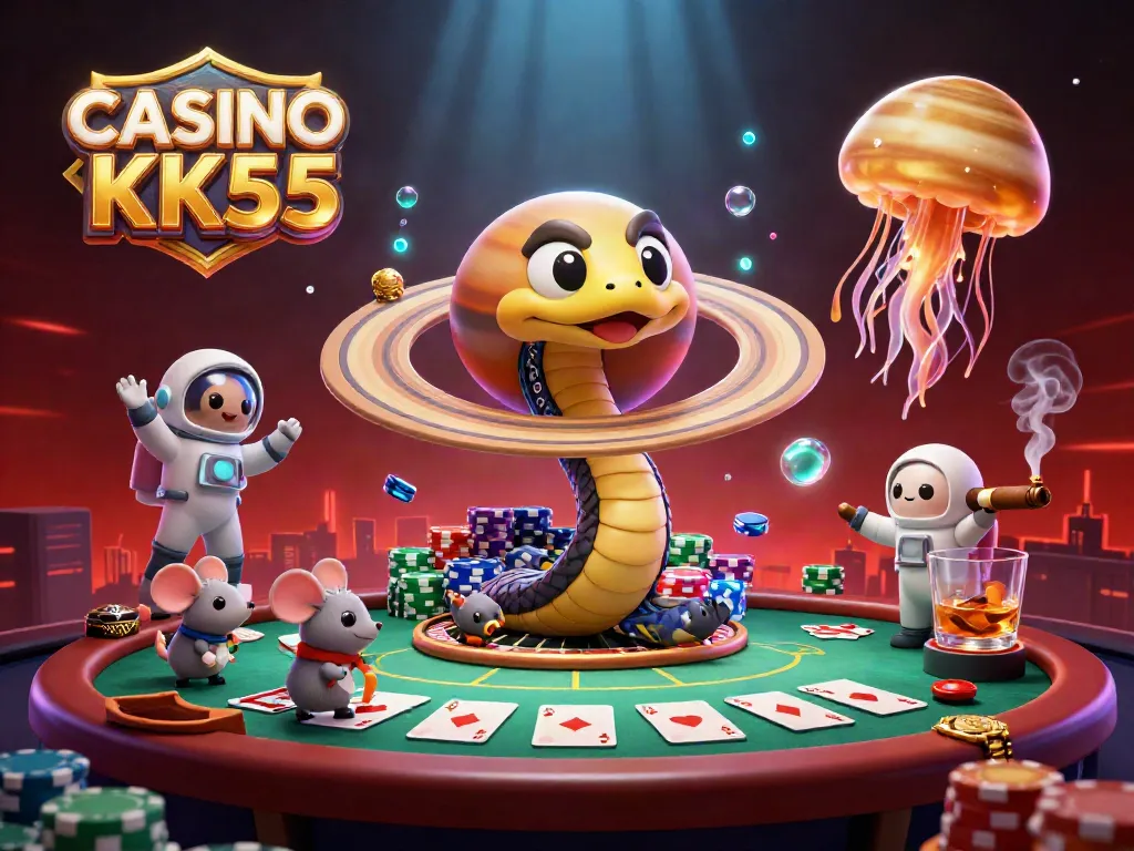 Experience the excitement at CASINO KK55 with a vibrant 3D illustration of playful characters in an engaging gambling scene.