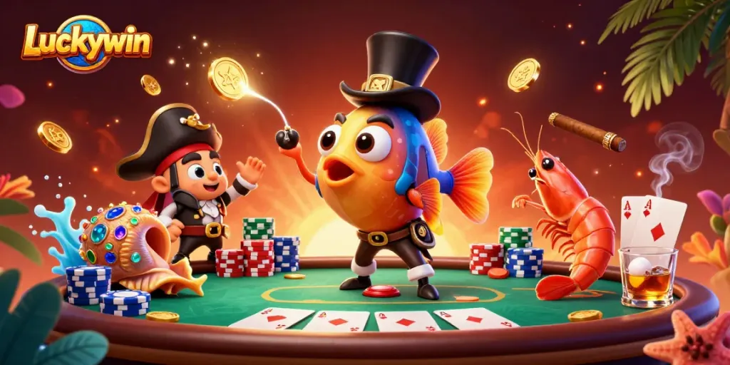 Experience exciting winnings at Luckywin with vibrant casino characters and elements.