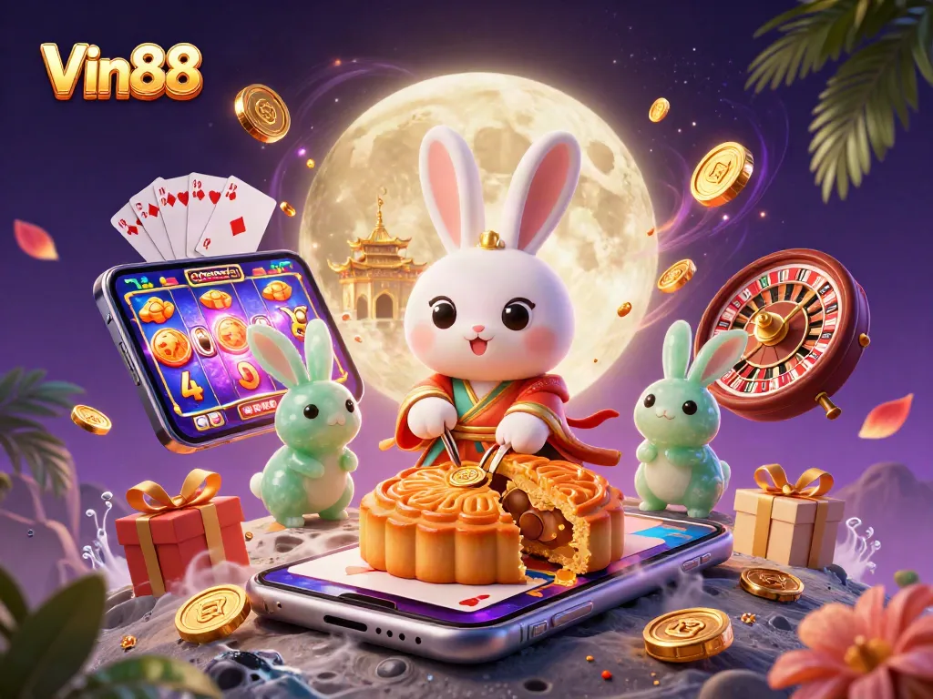 Experience Vin88's thrilling casino atmosphere with dynamic characters showcasing games and excitement.