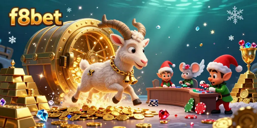 Experience the thrill of f8bet with a festive Krampus goat running a casino while elves steal poker chips.