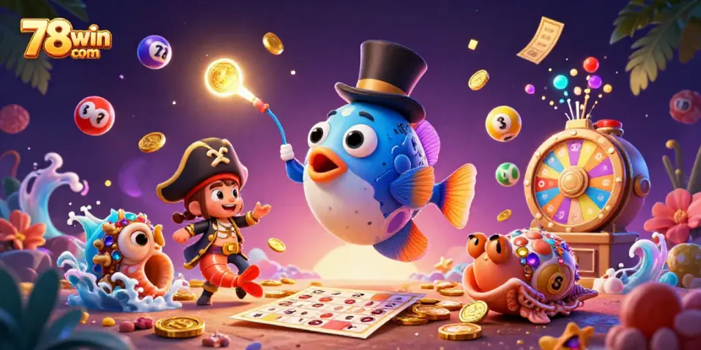 Experience thrilling wins with 78win com in this vibrant underwater casino party illustration.