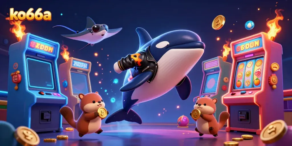 Engage with ko66a's vibrant casino world featuring an orca, stingray, and otters with gold coins.
