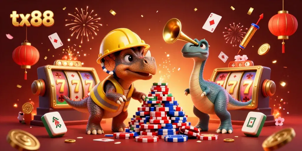 Experience high-stakes action with tx88 in this vibrant 3D illustration featuring casino excitement and dynamic elements.