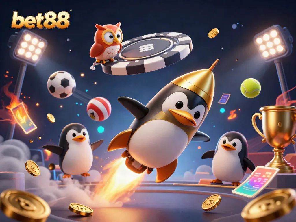 Win big with bet88: a vibrant illustration of a golden penguin and sports elements in an exciting casino scene.