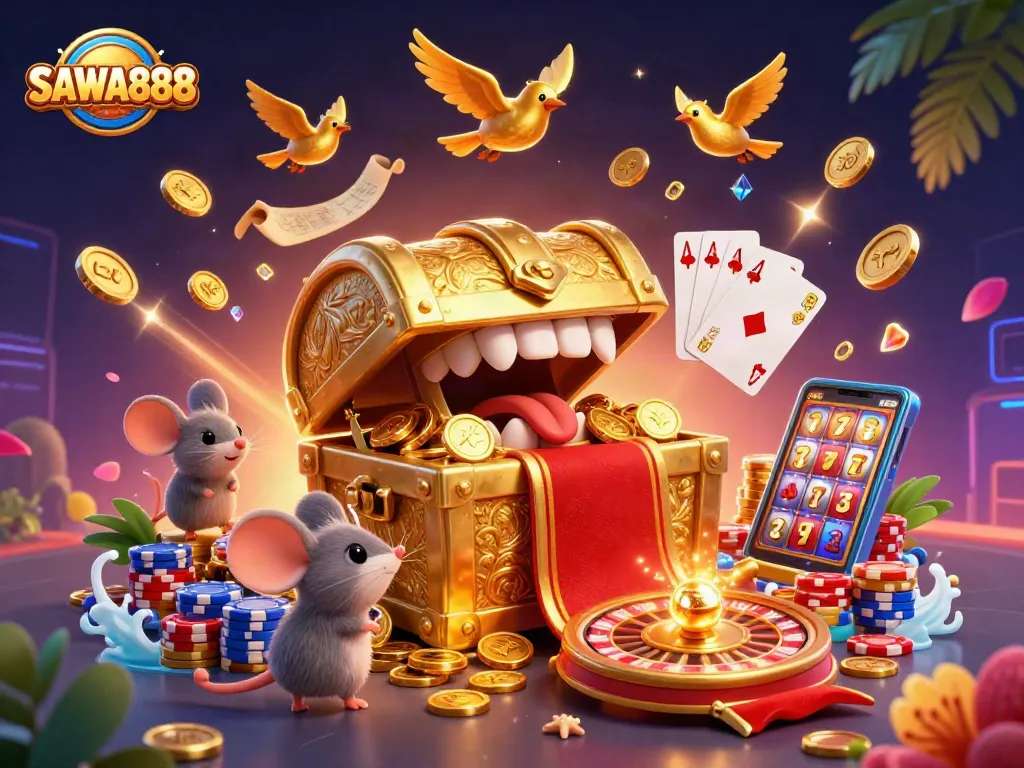 Join SAWA888's thrilling adventure with a treasure chest and casino elements!