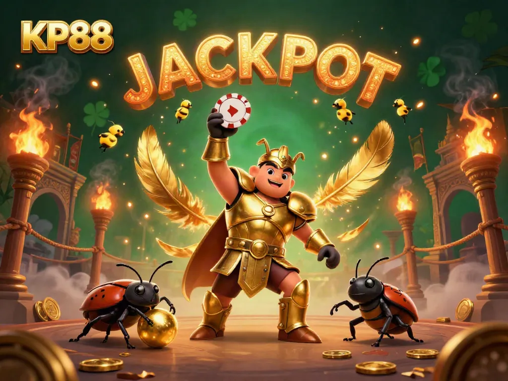 Engage in thrilling KP88 gameplay with a beetle hero celebrating a jackpot win!