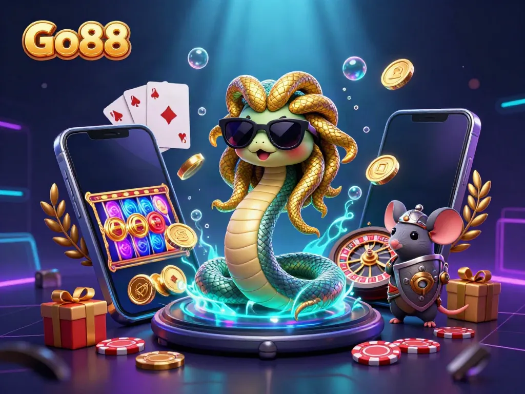 Engage with Go88's vibrant slot gaming world featuring Medusa and a warrior mouse in a dynamic casino scene.