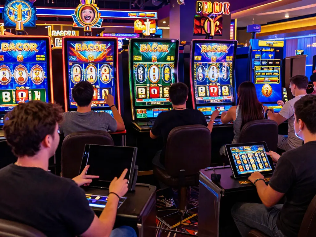 Engaging scene of players enjoying slot gacor hari ini on various devices, highlighting excitement and interactive gaming elements.