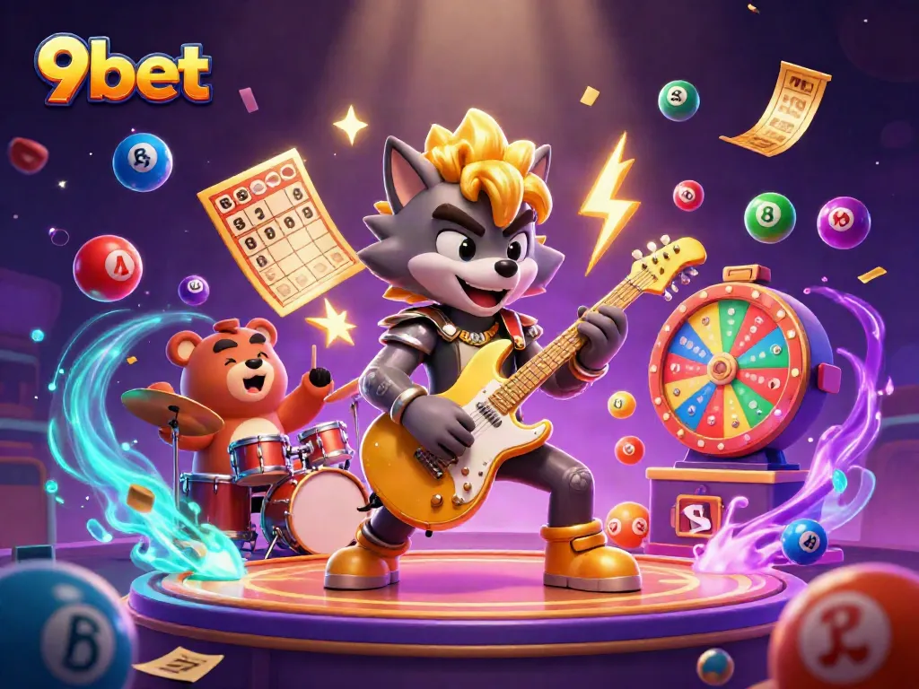 Engage with 9bet in this vibrant casino illustration showcasing action-packed gaming activities.