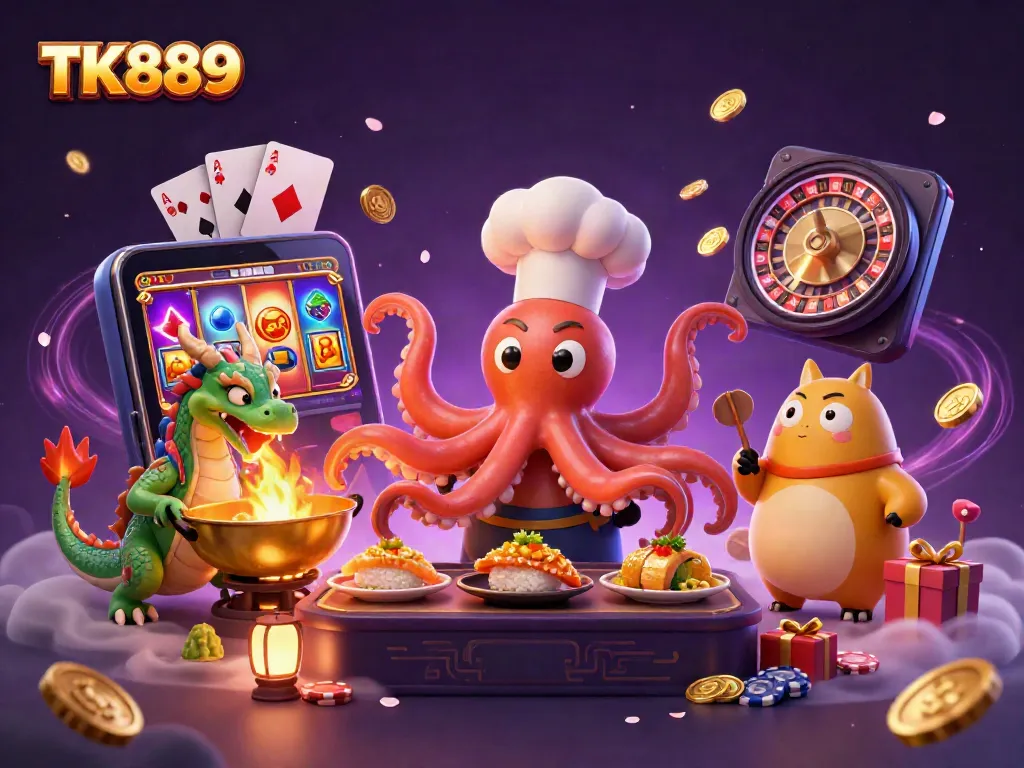 Experience thrilling wins at TK889 with lively creatures celebrating in a vibrant casino setting.