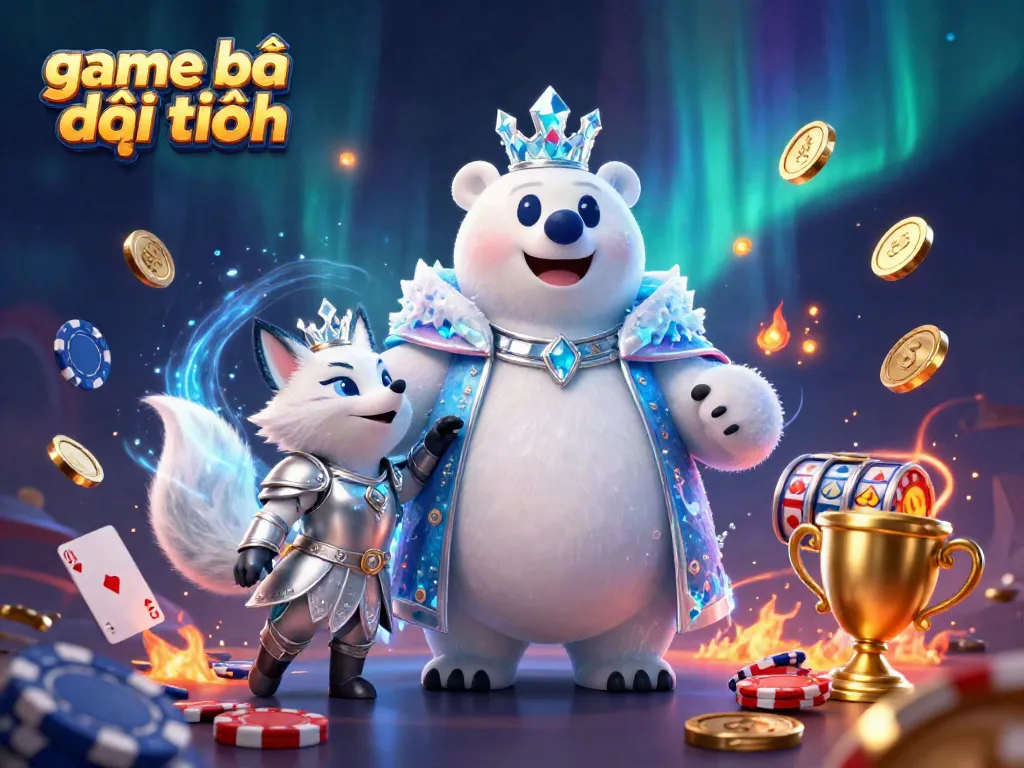 Engage in thrilling adventures of game bài đổi thưởng with the cartoon ice king and snow fox, surrounded by poker elements.