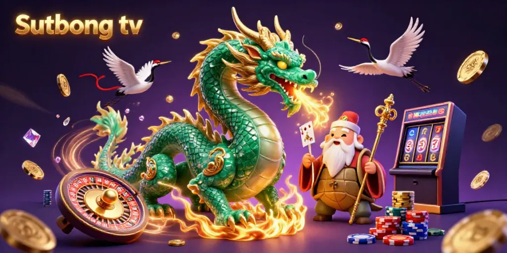 Experience the thrill of Sutbong tv with a jade dragon, golden coins, and vibrant casino elements.
