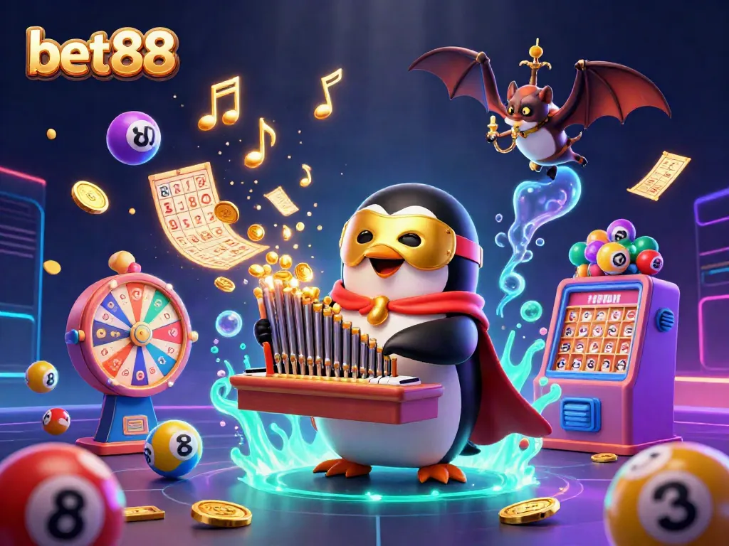Play games and win with bet88, featuring a vibrant 3D casino scene with lottery elements.