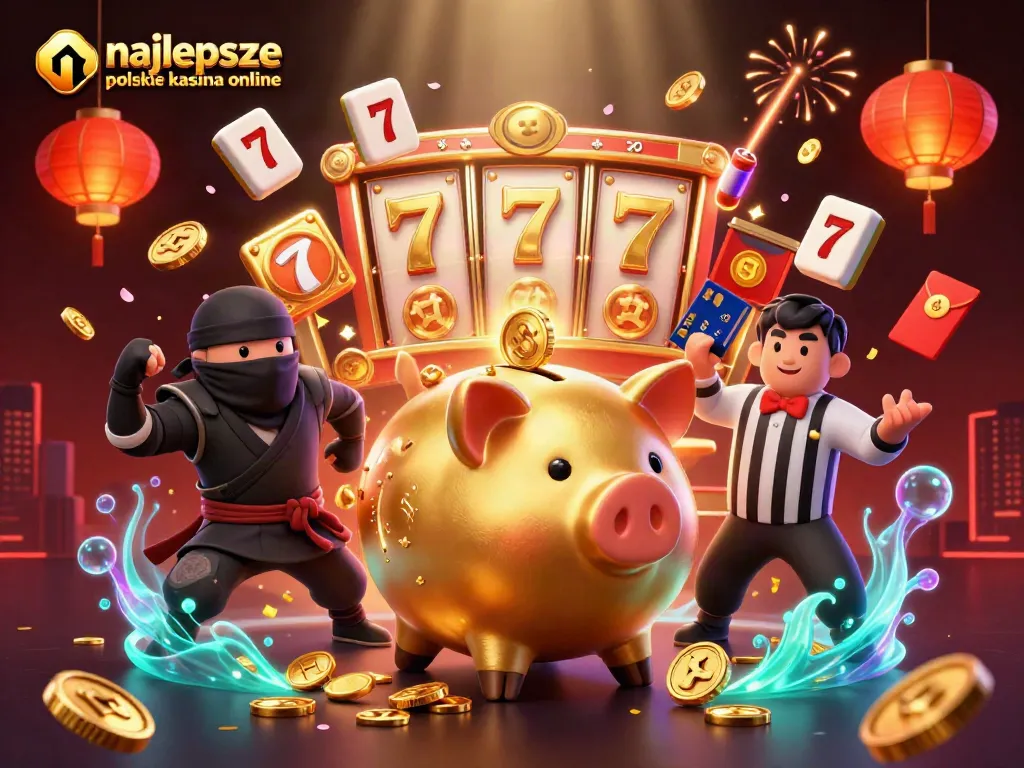 Experience the excitement of najlepsze polskie kasyna online with a sumo wrestler and ninja-themed gaming scene, featuring slots and vibrant decorations.