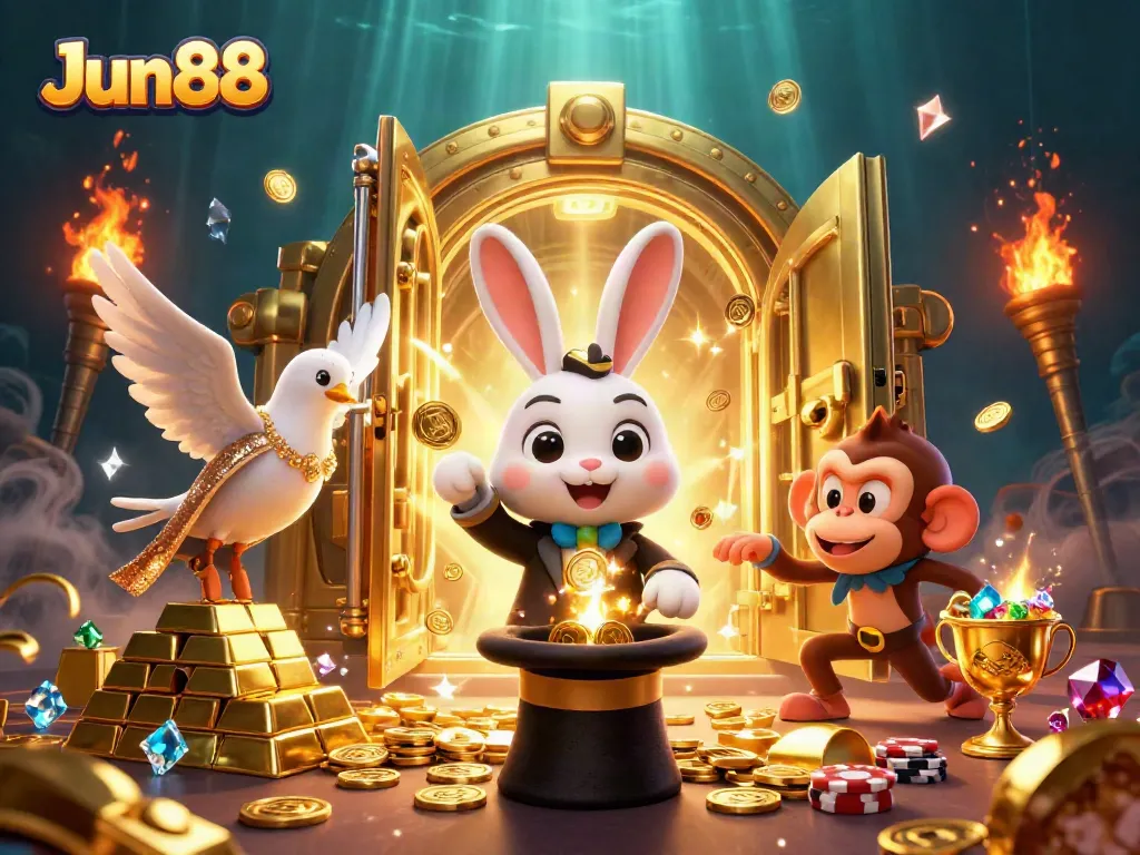 Experience the excitement of Jun88 with a 3D scene of a magician rabbit and dazzling casino elements.