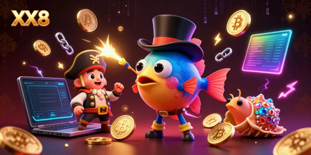 Engaging XX8 casino illustration featuring a deep-sea anglerfish, pirate shrimp, and treasure snail amidst glowing coins and blockchain elements.