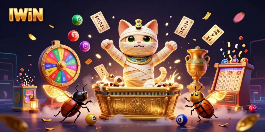 IWIN engages with casinos through vibrant lottery and bingo elements, showcasing dynamic gaming actions.
