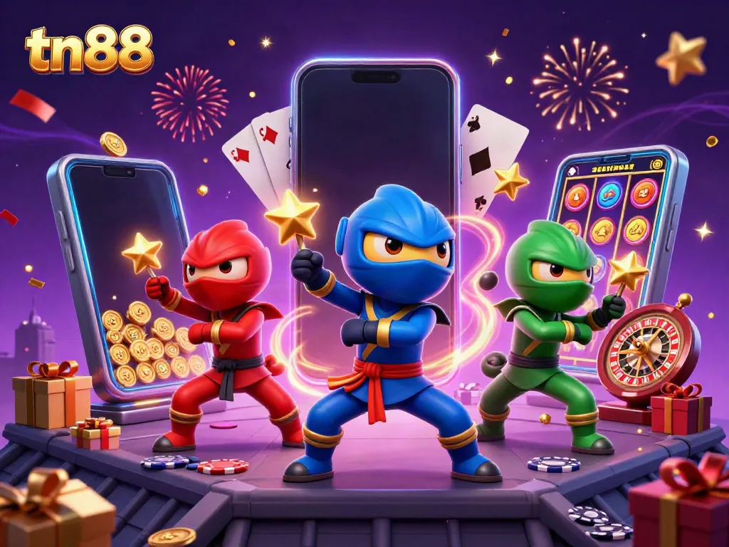 Engage with tn88's thrilling slots with a vibrant illustration showcasing ninja chameleons in action.