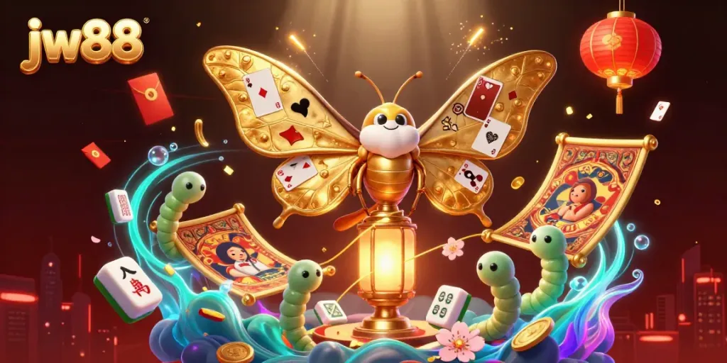Experience exciting games at JW88 with a vibrant casino-themed 3D illustration featuring a majestic moth.