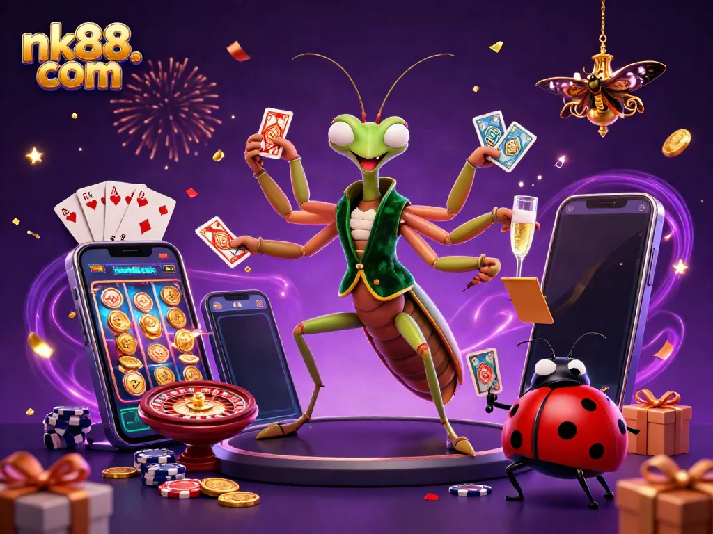 Engage in thrilling gameplay at nk88. com with a dynamic casino scene featuring colorful slot games and vibrant characters.